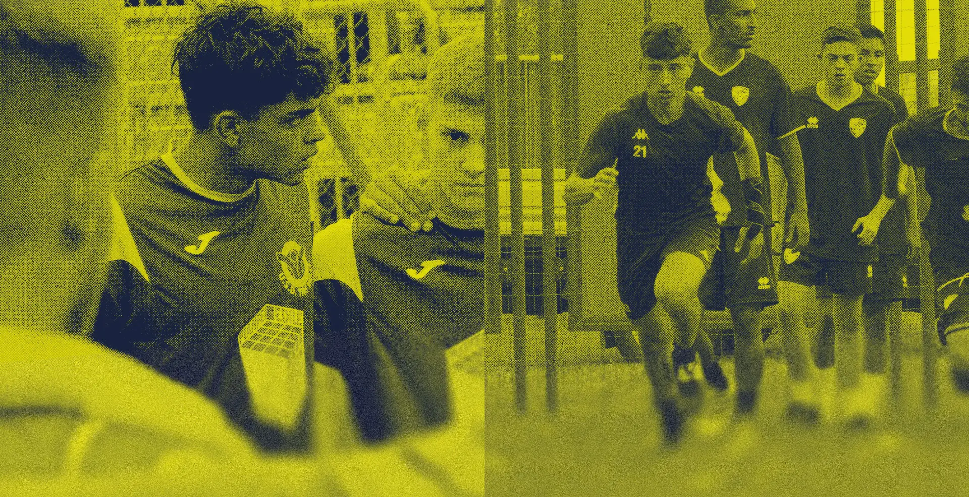 A yellow-toned image of a group of people in sports jerseys.