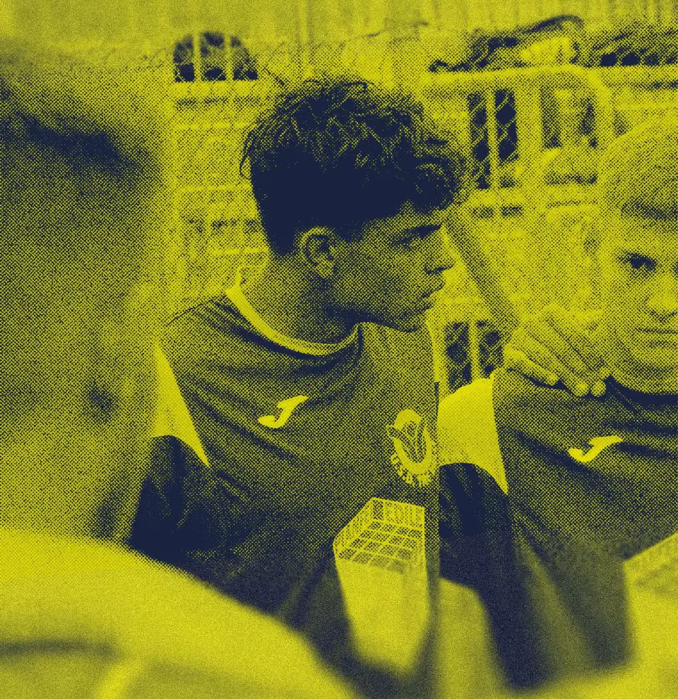 A yellow-toned image of a group of people in sports jerseys.