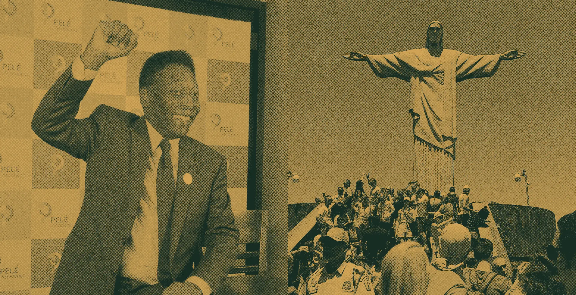 Pelé raising his fist in front of a backdrop with his name and logo and the Christ Redeemer beside it